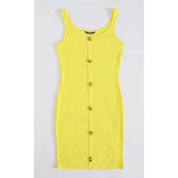 Yellow Botton front Rib-Knit bodycon dress - Picture 2 of 3
